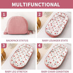 Baby Lounger, Foldable Infant Nest Pillow with Soft Memory Foam Mat, Cover with Adorable Pattern, Converts to Backpack for Easy Travel, 0-12 Months, Pink