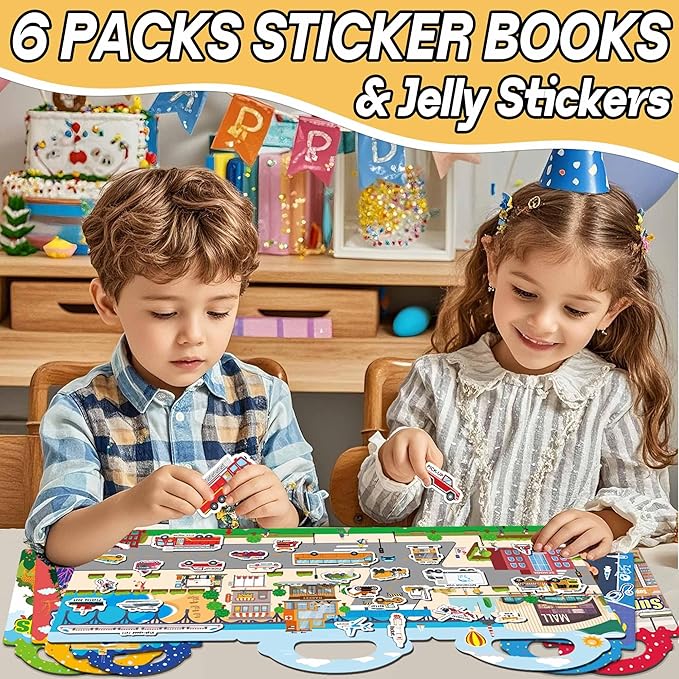 6 Sets Reusable Sticker Books for Toddlers, Jelly Sticker Books for Toddlers, Toddler Travel Toys for Kids 3 4 5 Year Old Girls Boys