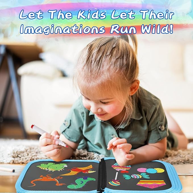 Erasable Doodle Set for Kids - Reusable Magic Drawing Book with 12 Watercolor Pens 14 Page Drawing, Road Trip Car Game Writing Painting Set for Boys and Girls (Zoo Blue)