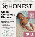 The Honest Company Clean Conscious Diapers for Delicate Skin | Up to 100% Leakproof | Hypoallergenic, Fragrance Free | Gender Neutral | Club Box, Size 1 (8-14 lbs), 78 Count (Prints May Vary)