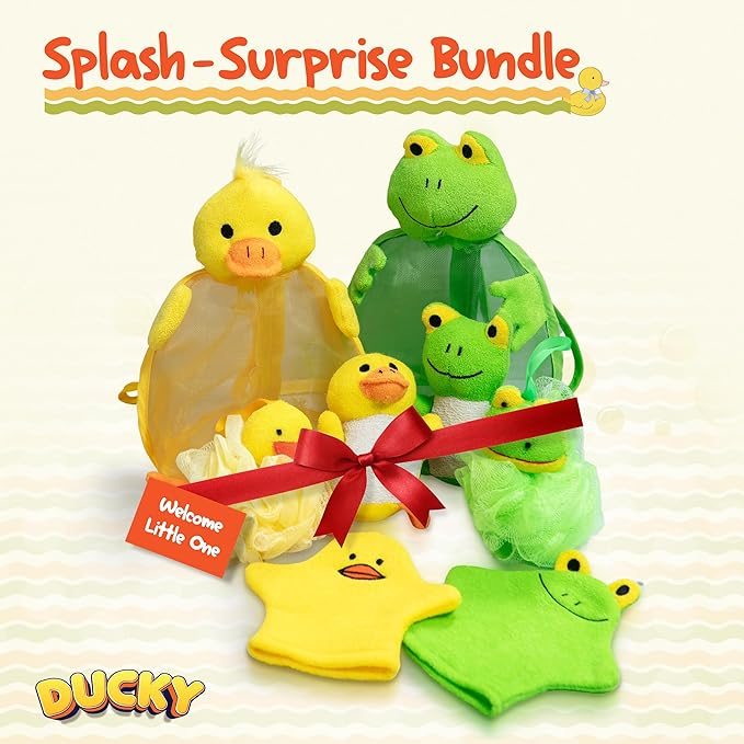 Ducky Scrub 'N Soak Baby Loofah for Bathing Set for Kids Body Scrubber Cute Cartoon Kids Loofah Bath Scrubber for Children Shower Washing Exfoliating, Baby Bath Sponge Yellow Duck Included