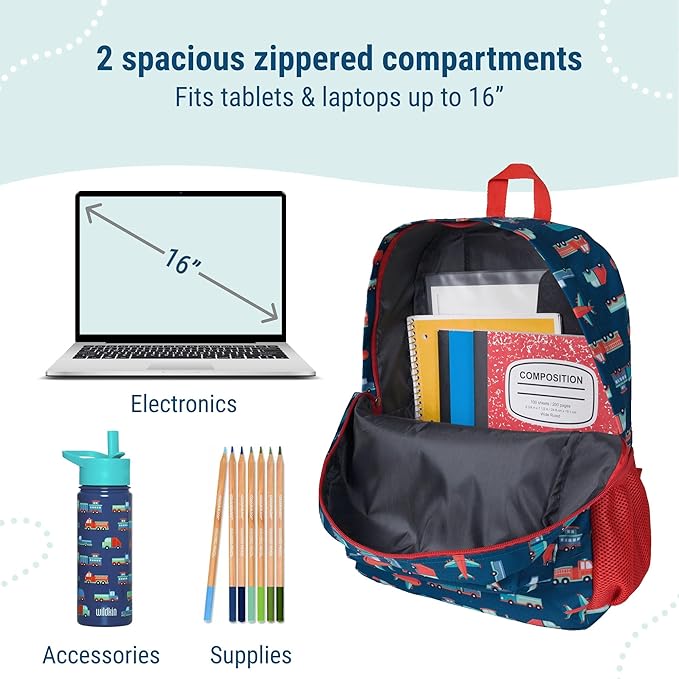 Wildkin 16-inch Kids Backpack – Durable, Padded & Spacious School Bag for Boys & Girls - Transportation