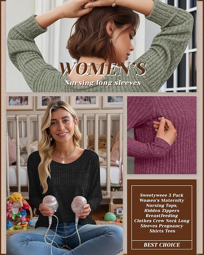 3 Pack Women's Nursing Long Sleeve Tops Breastfeeding Thermal Sweaters with Hidden Zipper Maternity Ribbed Shirts