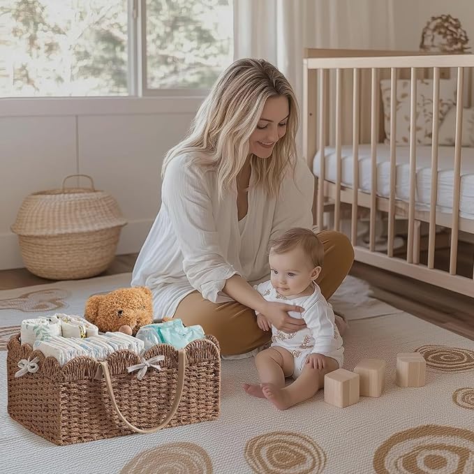 HBlife Large Baby Diaper Caddy, Paper Rope Storage Baskets Nursery Bin with Removable Divider, Portable Car Organizer for Diapers, Baby Shower Gifts, Newborn Essentials Must Haves