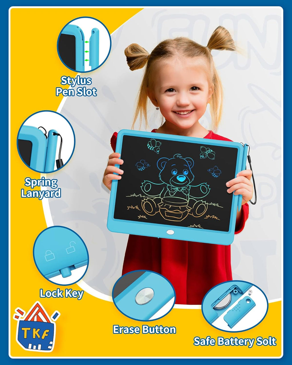 TEKFUN Large Screen 12inch LCD Writing Tablet with Anti-Lost Stylus, Erasable Doodle Board No Mess Drawing Pad, Car Trip Travel Toys for Kids, Birthday Gift for 3 4 5 6 7 Girls Boys