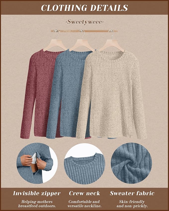 3 Pack Women's Nursing Long Sleeve Tops Breastfeeding Thermal Sweaters with Hidden Zipper Maternity Ribbed Shirts