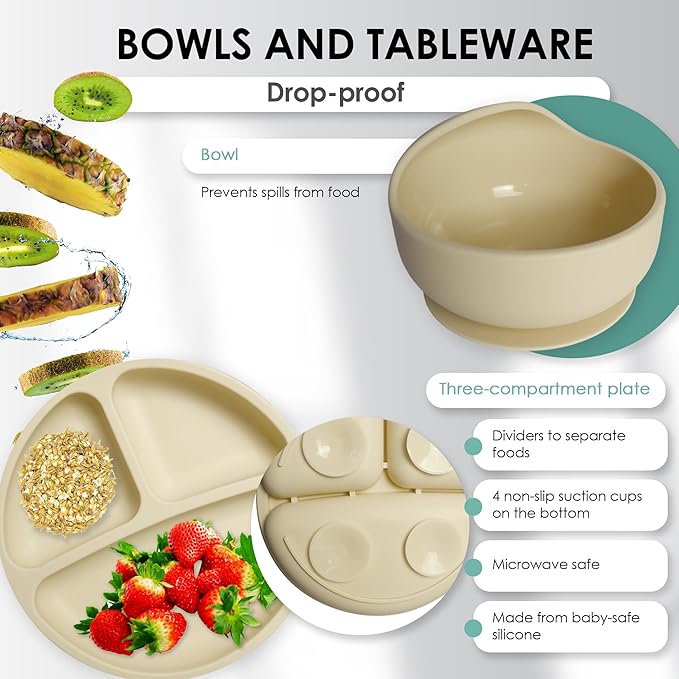 Bluet B- Silicone Baby Feeding Set - Baby Led Weaning Supplies - Baby Spoons, Suction Bowl - Plate - Baby Utensils - Silicone Feeding Set for Baby First Foods, Infant Eating - 8pcs - Beige