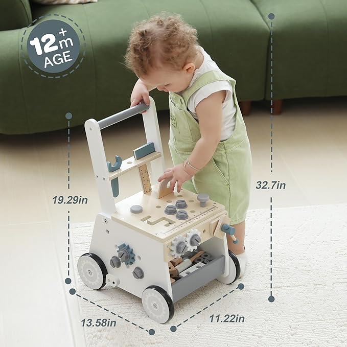 Wooden Baby Push Walker for Toddlers - Multifunctional Montessori Tool Bench Baby Walking Toy with Educational Activities, Ideal for Boys and Girls Aged 3 Years