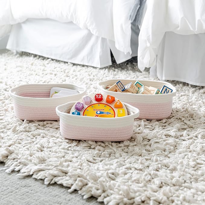 NaturalCozy 5-Piece Rectangle Storage Basket Set- Natural Cotton Rope Woven Baskets for Organizing! Small Basket for Montessori, Baby Nursery, Dog Toy Baskets, Cat Toy Box, Bathroom Organization Bin