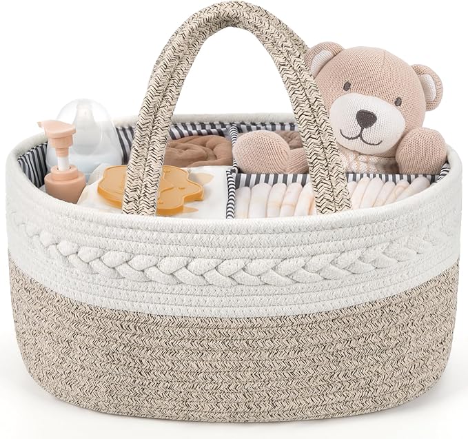 Maliton Extra Large Diaper Caddy Organizer, Cotton Rope Nursery Basket, Portable Organizer for Changing Table, Car, Diaper Storage for Baby Stuff for Newborn