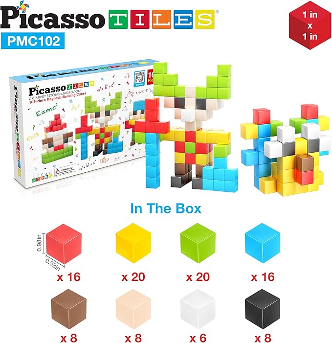 PicassoTiles 102pcs Pixel Magnetic Puzzle Cube 1” Pixel Mix & Match Toys with Ideabook STEM Education Learning Building Block Magnets Construction ToySet Stacking Creative Kit for Kids Age 3+ PMC102