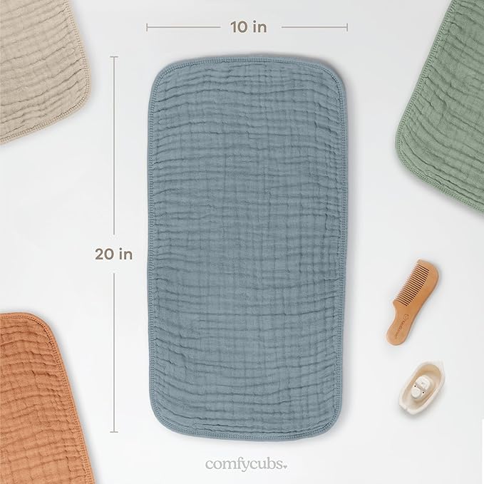 Comfy Cubs Muslin Burp Cloths 20" x 10", Pack of 6 - Large, 6-Layer, Ultra Absorbent 100% Cotton for Baby Drool and Messes - Soft, Safe & Gentle Baby Burp Cloths Set for Boys & Girls - Pacific Blue