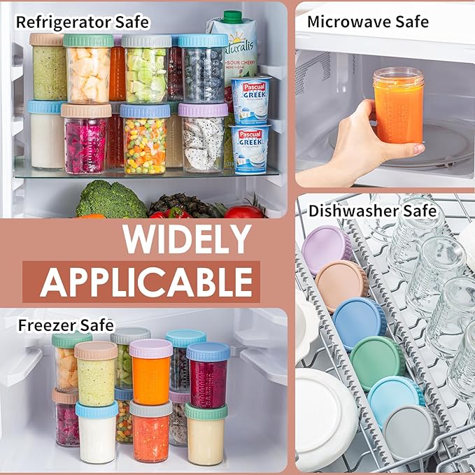 DRKIO 12 Pack Glass Baby Food Storage Containers - 8 Oz Baby Food Jars with Lids Baby Food Maker Microwave Dishwasher Freezer Safe 100% Leak Proof BPA Free Reusable