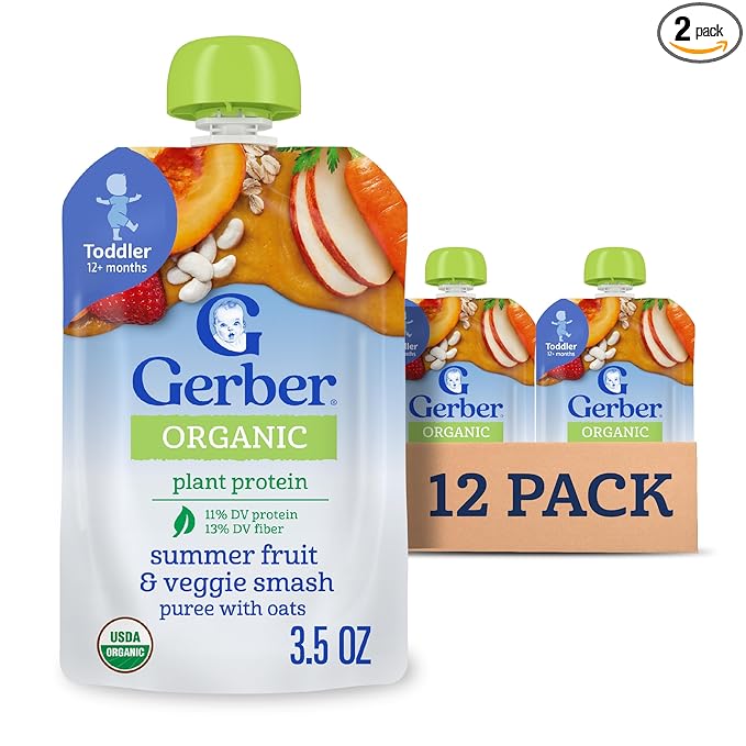 Gerber Toddler Food, Organic Summer Fruit and Veggie Smash Puree Pouch, Toddler Pouches, No Added Sweetener, No Artificial Flavors, 12-Pack