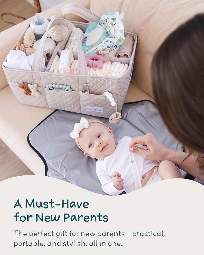 Lily Miles Baby Diaper Caddy Organizer, Quilted Nursery Storage Organizer for Newborn Essentials and Diaper Changing Station, Gift for Baby Shower and Registry Must-Have (Soft Sand)