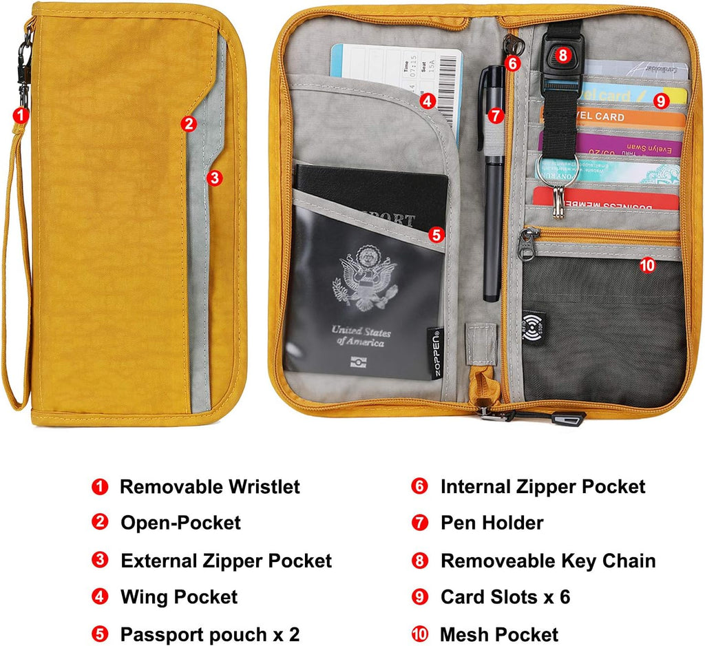 ZOPPEN Passport Holder Family RFID Passport Wallet, Passport Holder Women/Men, Travel Wallet Documents Organizer Zipper Case with Removable Wristlet Strap, Travel Essentials for Flying