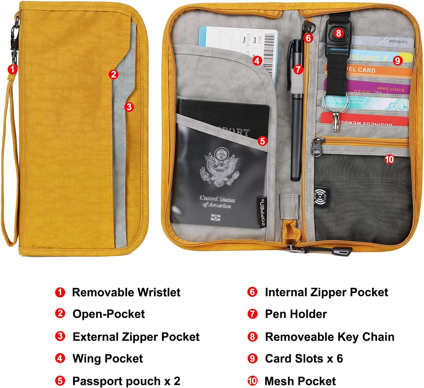 ZOPPEN Passport Holder Family RFID Passport Wallet, Passport Holder Women/Men, Travel Wallet Documents Organizer Zipper Case with Removable Wristlet Strap, Travel Essentials for Flying