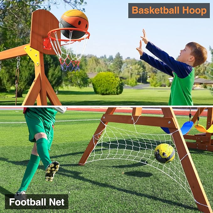6-in-1 Wooden Playground Playsets for Backyards, Outdoor Swing Sets for Kids Ages 3-6, Little Playground Set with Picnic Table, Drawing Board, Sandbox, Swings, Basketball Hoop & Soccer Net
