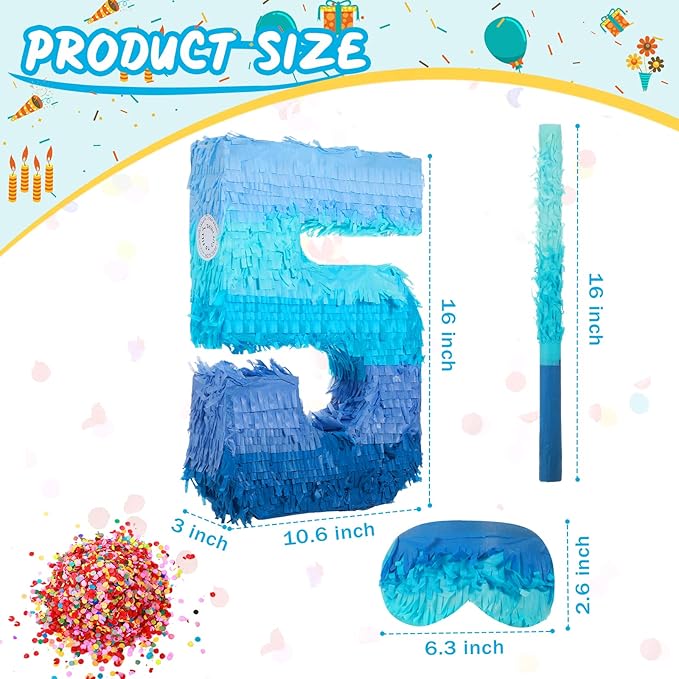 Sratte Number 1 2 3 4 5 6 7 8 9 Piñata with Stick Blindfold Confetti, Gradient Blue Piñata for Kids Boys Girls Birthday Party Anniversary Decorations Supplies(Number 5)