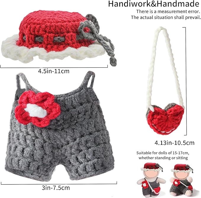17cm Doll Clothes - Purely Handmade Crochet Hat & Overalls & Heart-Shaped Bag, Handcrafted Outfits for 15-17cm Doll Accessories (NO Doll)