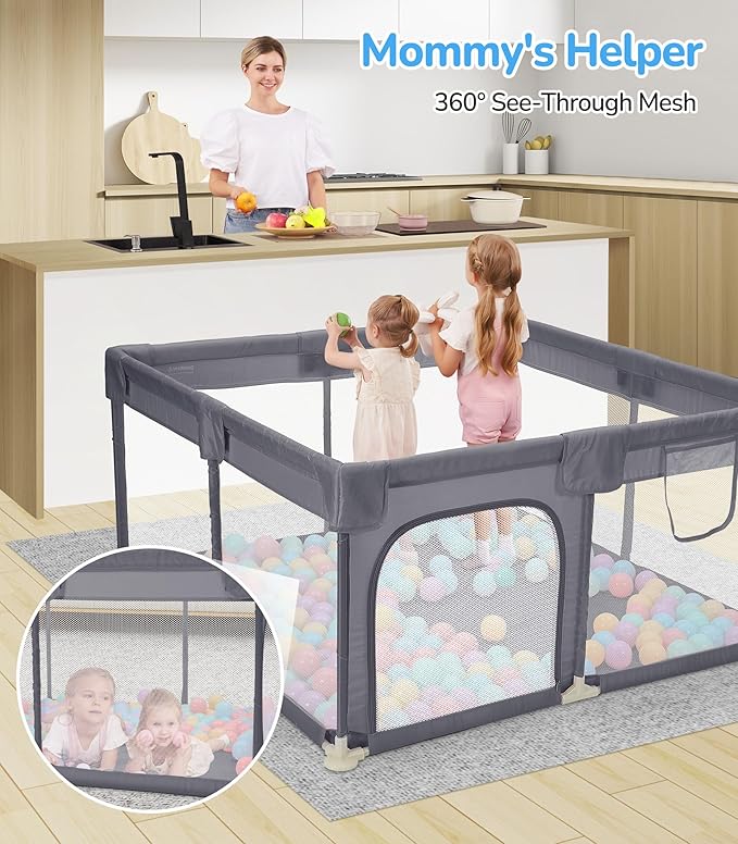 Dripex Baby Playpen, 47"×47" Play Pens for Babies and Toddlers, Safe Anti-Fall Play Yard with Gates, Baby Fence with Breathable Mesh, Indoor & Outdoor Kids Activity Center, Grey