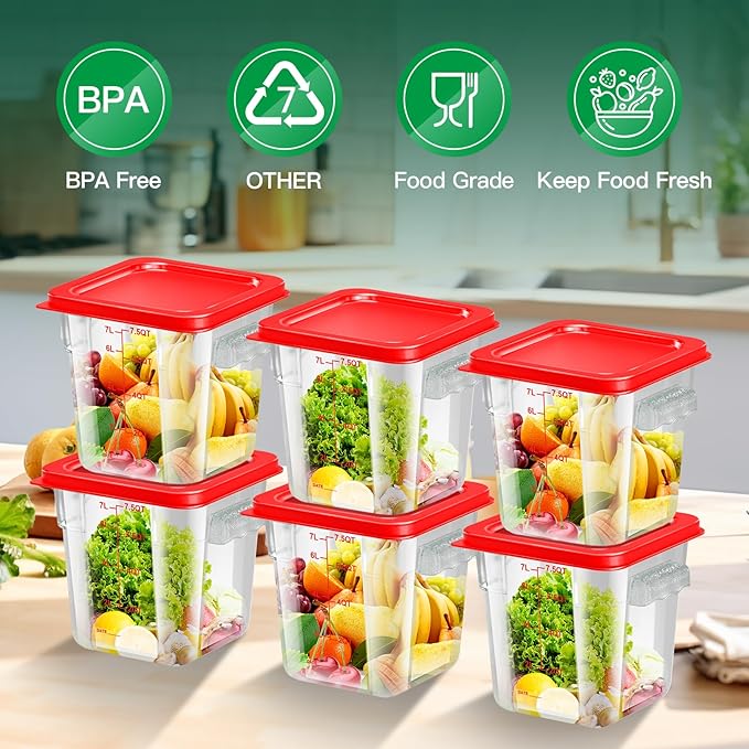 4 pcs 8qt Food Storage Containers with Lid, Square Clear Commercial Food Storage Containers with Handle and Scale for Food Storage in Home Kitchen & Dining (Red)