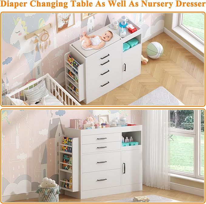 Bigbiglife Changing Table Dresser, Baby Nursery Dresser with 4 Drawers & 1 Cabinet & 3 Open Shelves Storage, Modern Diaper Changing Station for Children's Room, Changing Pad Included, White