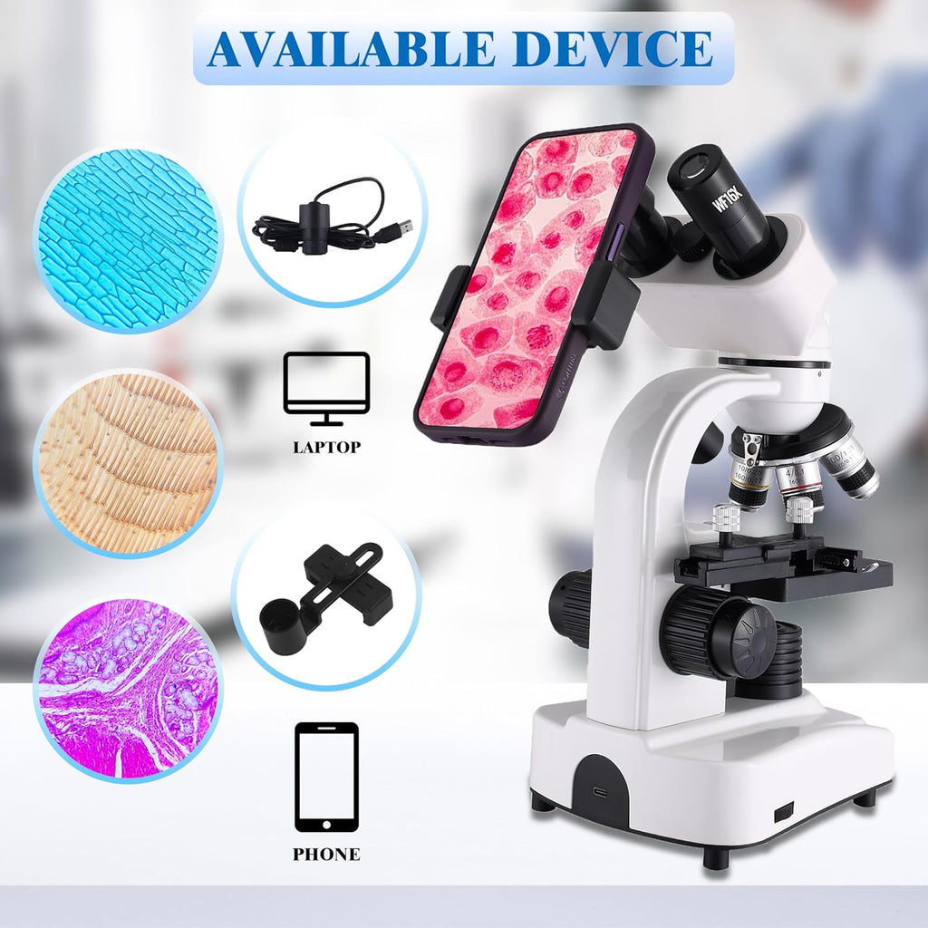 Compound Binocular Microscopes 64X-6000X with Electric Len, Microscope for Adults Kids Students, 4 Objective Lens, Biological Microscope Kit for School, Lab