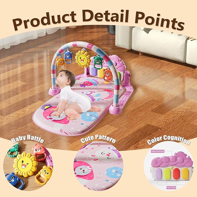 Alive Lovely Baby Gyms Play Mats, Musical Activity Center Baby Piano Gym Mat, Music and Lights Tummy Time Padded Mat for Newborn Newborn 0 to 3 6 9 12 Months