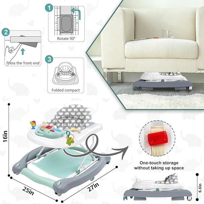 Foldable Baby 5-in-1 Activity Walker - Rocker, Activity Center, Bouncer, Seat Walker, Push Walker - Adjustable Speed Rear Wheels and Height Toys Ages 6-18 Months… (Mint Green)