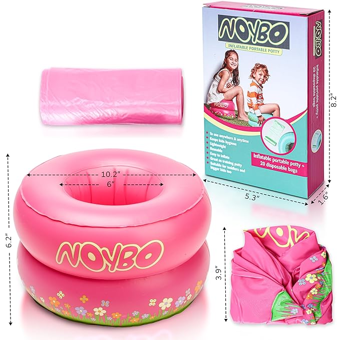 Travel Potty Seat for Toddlers - Inflatable Portable Toilet Kids Chair, Foldable Compact Lightweight Potty for Camping Road Trips, Outdoor Car Travel, Holds 66 lbs and 20 Durable Disposable Bags