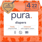 Pura Size 4 Eco-Friendly Diapers (18-31lbs) Totally Chlorine Free (TCF) Hypoallergenic, Soft Organic Cotton, Sustainable Comfort, up to 12 Hours Leak Protection, Allergy UK, 22 Diapers (Pack of 1)