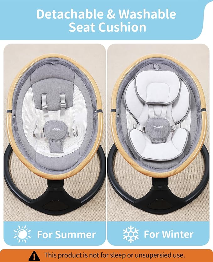 LAREX Baby Swing to Toddler Electric Infant Swing Portable for Newborn Boy Girl, 5 Sway Speeds with Remote Control, 12 Preset Melodies and Bluetooth, 0-6 Months Max 20 Lbs (Light Wood Grain)