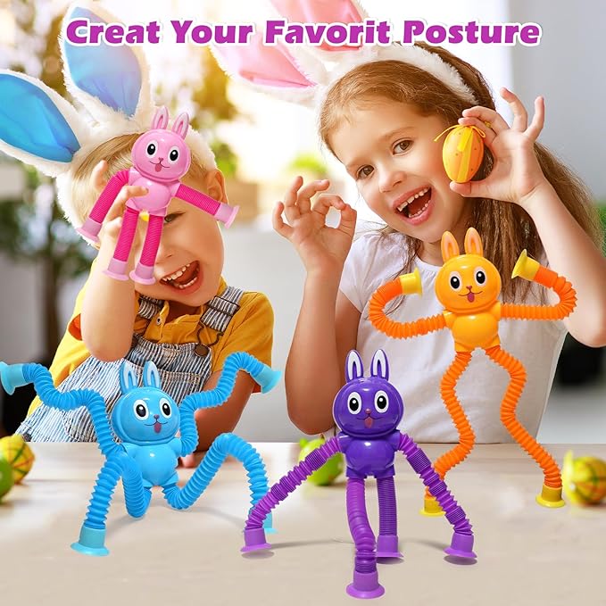 Easter Bunny LED Pop Tubes Light Up 4 Pcs Sensory Fidget Toys, Telescopic Suction Cup Easter Basket Stuffers Easter Egg Fillers Toys Party Favors Game Prizes Goody Bags Treats Gifts for Kids 3+