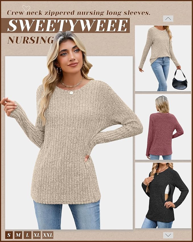 3 Pack Women's Nursing Long Sleeve Tops Breastfeeding Thermal Sweaters with Hidden Zipper Maternity Ribbed Shirts
