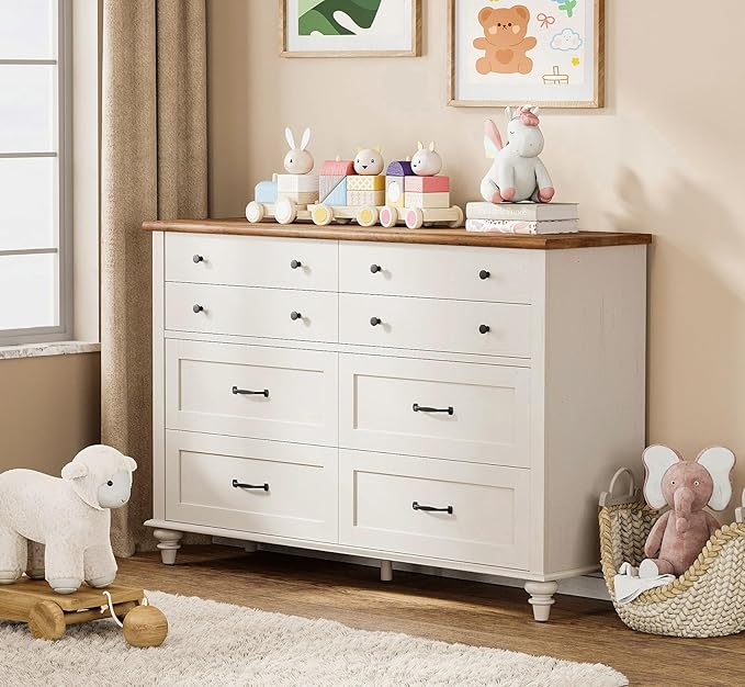 WAMPAT Kids Dresser for Nursery with 8 Drawers, Off White Baby Dresser for Kids Room, Wide Wooden Chests & Dressers for Bedroom, Distressed Mid Centuy Storage Organizer for Child’s Room, 54 Inch