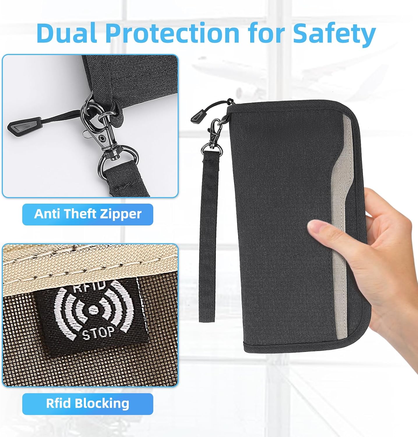 ZOPPEN Passport Holder Family RFID Passport Wallet, Passport Holder Women/Men, Travel Wallet Documents Organizer Zipper Case with Removable Wristlet Strap, Travel Essentials for Flying