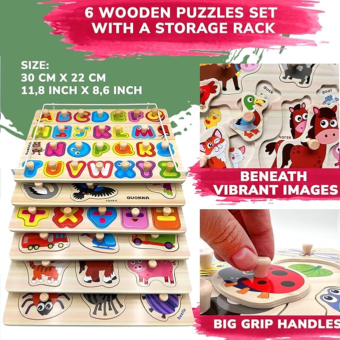 QUOKKA Wooden Puzzles for Toddlers 1-3 - 6XSET Toddler Puzzles Ages 2-4 with Rack - Learning Alphabet - Numbers - Animals Toy Puzzles for Toddlers 3-5 - Wood Games Gift for Boys and Girls