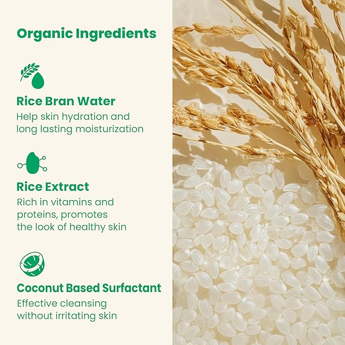 Vegan Rice Baby Wash 13.52 Oz | Tear-Free Cleanser for Newborn & Sensitive Skin | 2-in-1 Shampoo and Body Formula | Plant-Based, Korean Skincare with Gentle Rice Scent