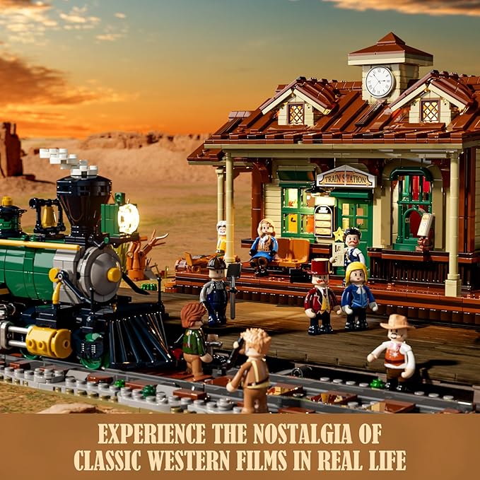 FUNWHOLE Wild West Train Station Lighting Building-Bricks Set - 1975 Pcs Collectible Train Playset for Adults and Teens
