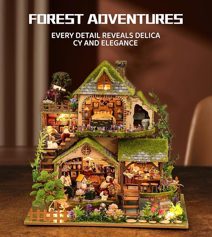Spilay Miniature Dollhouse Miniature House Kit,DIY Kit Mini Modern Villa Model with Music Box ，Best Christmas Birthday Gift.(Forest Adventures)