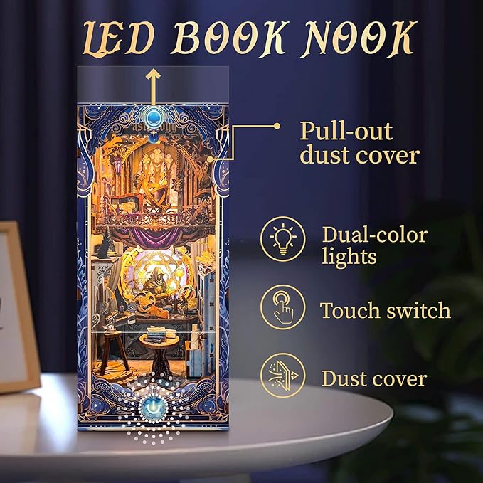DIY Book Nook Kit, Miniature Dollhouse Booknook Kit, 3D Wooden Puzzle Bookend Bookshelf Insert Decor Diorama Kit with LED Light for Teens and Adults (Star Map Secrets)