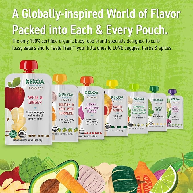 Kekoa Foods Apple & Ginger Baby Food Purée | 100% USDA Certified-Organic, No Sugar Added | Organic, Non-GMO, Gluten-Free, Vegan | Mild Ginger for Flavor Development | 3.5 oz Squeeze Pouch