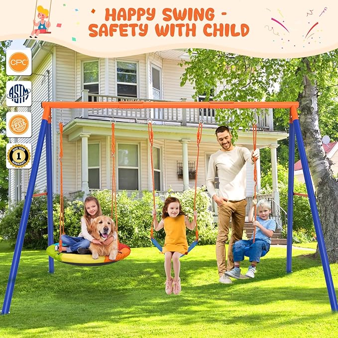 Swing Sets for Backyard, Outdoor Toys for Kids, Heavy Duty Metal A-Frame Swing Set Holds 440 lbs with 32" Saucer Seat, 26.2" Seat and Tree Disc