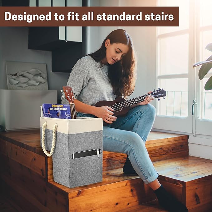 SAM AND MABEL Stair Basket for Carpeted and Wooden Stairs – Foldable Staircase Basket with Thick Cotton Rope Handles, Modern Stairway Storage Organizer (Lite Cream and Gray with Side Pocket)