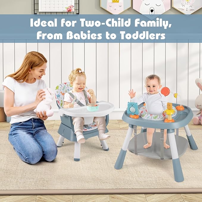 HONEY JOY 16-in-1 Baby High Chair, Convertible Highchair for Babies and Toddlers/Booster Seat/Activity Center with Toys, Building Block Table & Stool, Safety Harness, Removable Cushion & Tray (Blue)