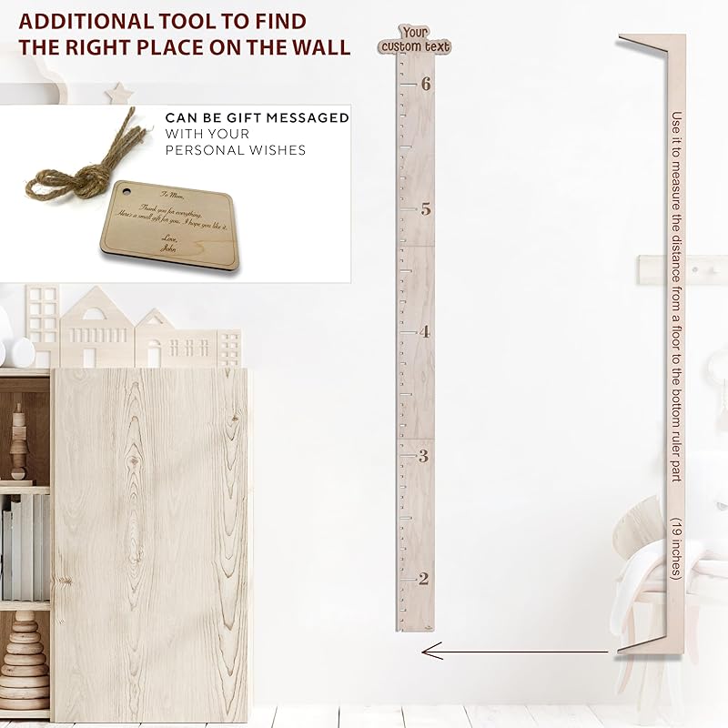 Personalized Wooden Ruler Growth Chart for Kids with Height Markers, Custom Name Growth Chart Hanging Decor for Baby Boy & Girl, Family Measuring Board Wood, Wall Meter for Children (56 in x 3,5 in)