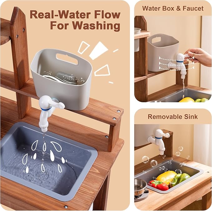 ROBOTIME Mud Kitchen for Kids Outdoor, Wooden Kids Kitchen Playset, Outdoor Play Kitchen with Removable Sink, Faucet, Cooking Accessories, Stove, Fun Backyard Outdoor Kitchen for Boys Girls 3+