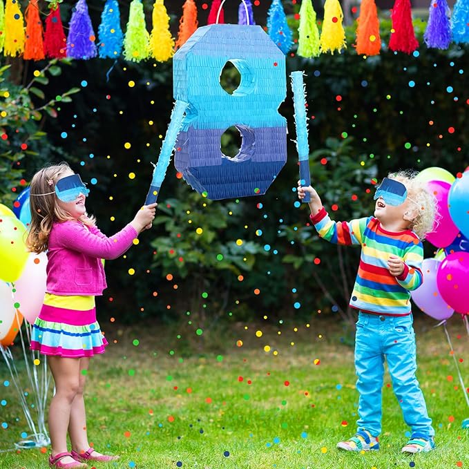 Sratte Number 1 2 3 4 5 6 7 8 9 Piñata with Stick Blindfold Confetti, Gradient Blue Piñata for Kids Boys Girls Birthday Party Anniversary Decorations Supplies(Number 8)