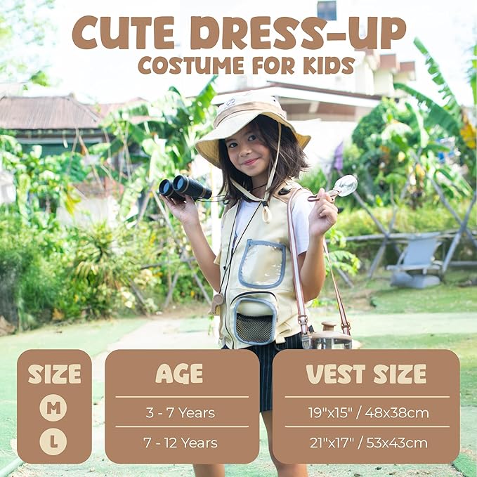 Kids Bug Catching Kit - Complete Explorer Kit with Safari Vest, Hat & More - Cute Dress-Up Safari Costume, or Zoo Keeper - Outdoor Explorer Set & Bug Toys for 3-7 Year Old Boys Girls + Adventure Book